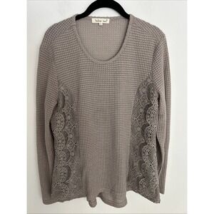 Indigo Soul Women's Large Taupe‎ Crochet Lace Mesh Long Sleeve Ruffle Top